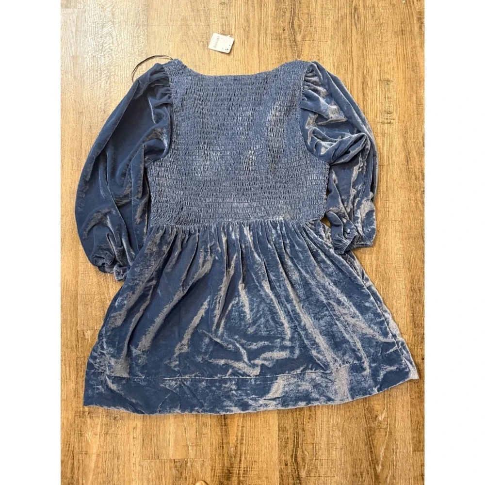 Free‎ People Velvet Smocked Mini Dress Puff Sleeve Boho Sz M